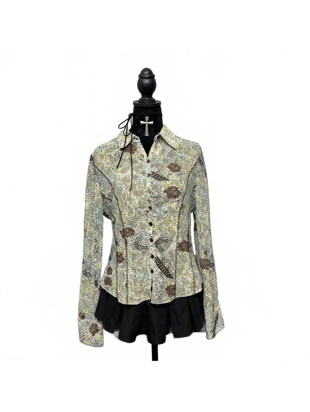 Y2K Reitmans Sz L Earthy Glittery Lace Long Sleeve Button Up Blouse Fairy Grunge